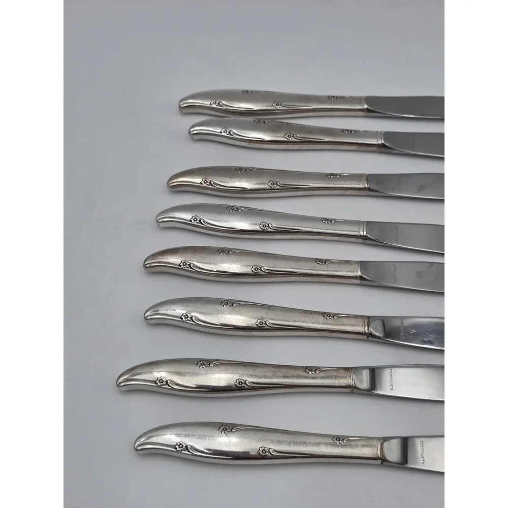 Oneida Community Silver Flower Silverplate Knives Dinner Table  Vintage Set Of 8